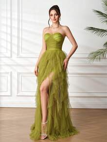 法式网纱轻盈飘逸派对礼服，优雅无肩带公主裙，适合生日、舞会等场合，魅力四射，性感迷人 - 橄欖綠 - 查看 4