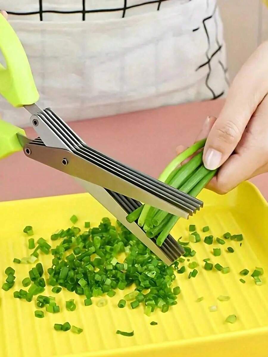 5-Layer Kitchen Scissors, Multi-Purpose Food Scissors, 5 Stainless Steel Blades, Safety Cover Kitchen Scissors And Cleaner, Used For Cutting Chives, Vegetables, Salads, Kale - 綠色 - 查看 1