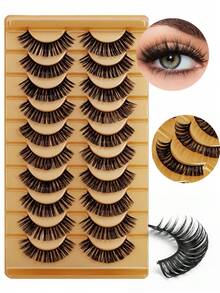 10 Pairs Natural Look D-Curl Faux Mink Lashes, Thick Cat Eye Lashes, Cartoon Lashes, Strip Lashes - Black-03 - View 4