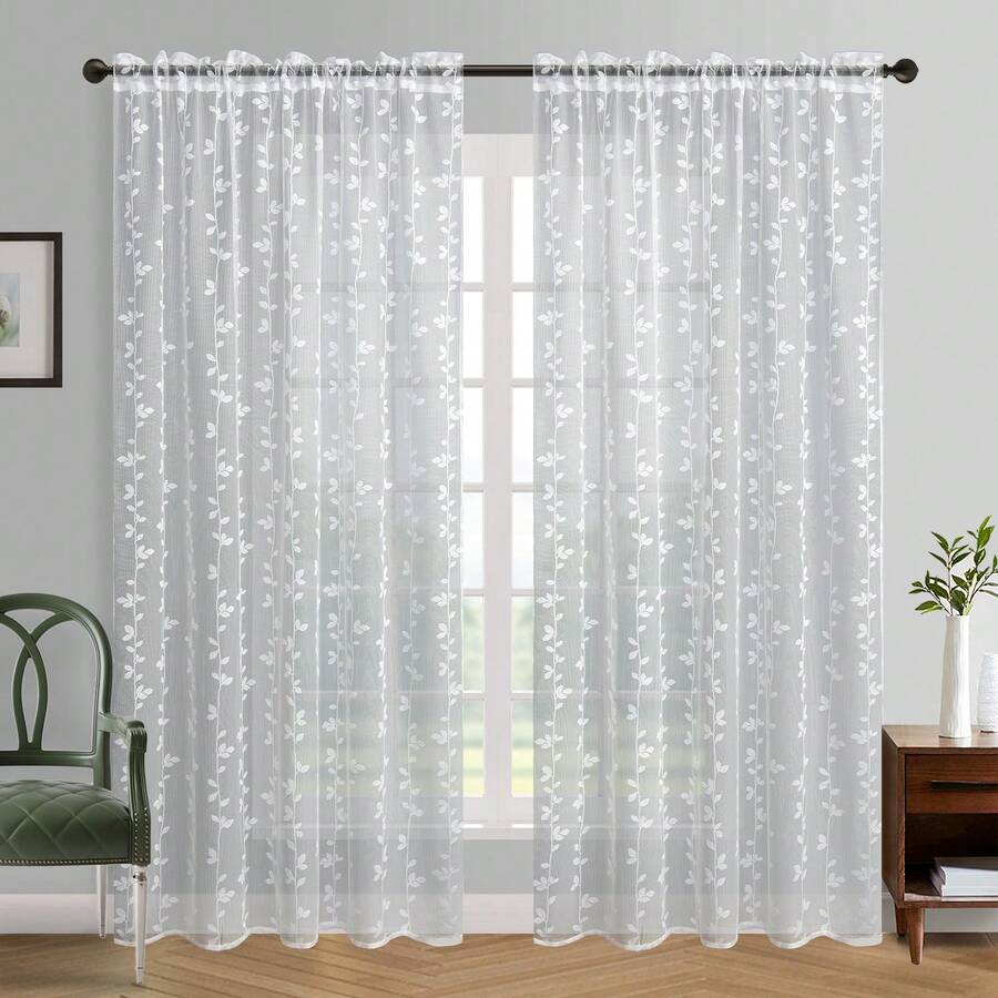 White Jacquard Sheer Curtains 2 Panels With Rod Pocket, Textured 3D Wicker Stripe Pattern, Light Filtering Window Treatment For Bedroom, Living Room - White - View 1