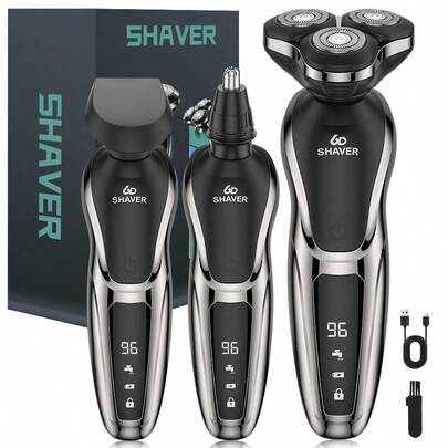 男士三合一电动剃须刀，USB充电式无线电动剃须刀，带鼻毛修剪器，3D浮动刀片，数字显示屏，600mAh电池容量