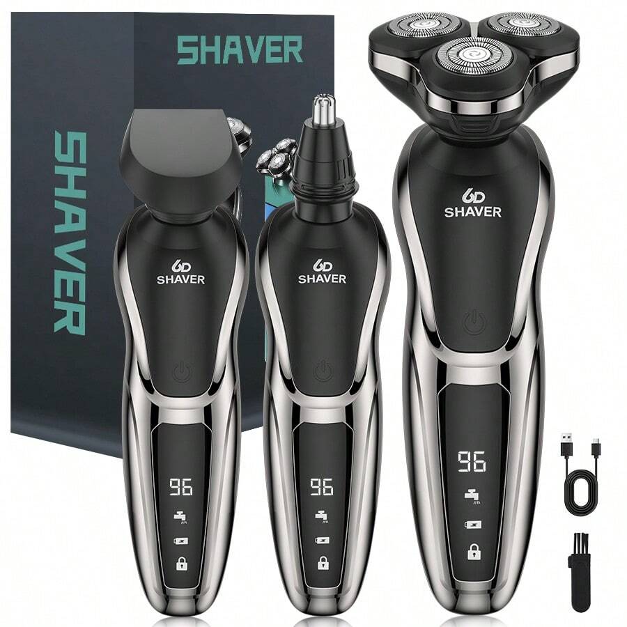 Afeitadora eléctrica 3 en 1 para hombres, recargable por USB, inalámbrica, con recortadora de vello nasal, cuchillas flotantes 3D, pantalla digital, capacidad de batería de 600mAh
