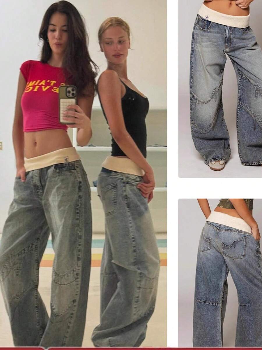 Women's Casual Loose Washed Wide Leg Jeans, Vintage Jeans, Streetwear Oversize Jeans Winter Clothes For Women, Western Wear Women - 紫紅色 - 查看 1