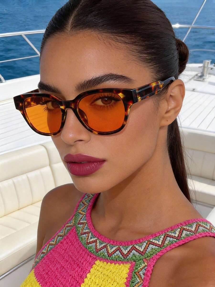 1副椭圆形复古时尚眼镜，百搭休闲女式眼镜，橙色镜片，适合日常佩戴、街头风、度假、海滩、秋冬装扮