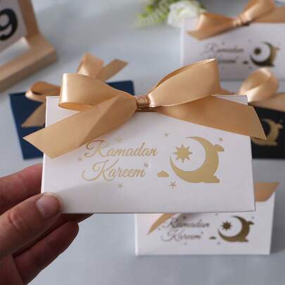 10个装豪华斋月礼盒，配金色蝴蝶结，开斋节快乐装饰礼品包装盒，月亮星星图案，穆斯林节日糖果收纳盒，适合家庭聚会