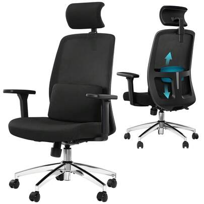 HEXCELEN Ergonomische bureaustoel, computerstoel, draaistoel met mesh bekleding, verstelbare lenden- en hoofdsteun, afneembaar lendenkussen, in hoogte verstelbaar, tot 150 kg, zwart