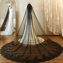 Véu de noiva longo com acabamento em renda, branco, com cauda longa bordada em renda, acessório de cabelo para noiva, decoração de véu em preto e branco, ideal para casamentos e vestidos de noiva brancos. - Multicolorido - Ver 6