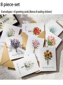 8件套全新花卉贺卡及信封套装，包含8个信封、8张贺卡（附8张封口贴纸）。适用于表达对母亲的感激之情，以及情人节、圣诞节、生日、折叠留言卡、个性化感谢卡和派对邀请函等场合。 - 彩色 - 查看 11
