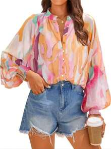 Plus Size Women's Contrast-Colored Printed Shirt, Lantern-Sleeved Loose Chiffon Shirt, Spring And Autumn Vacation Dating Top - Multicolor - View 3