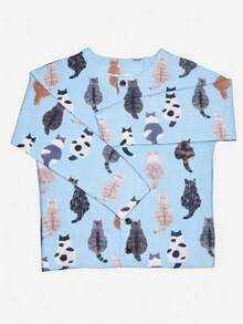 罗纹针织开衫毛衣，优雅长袖上衣，猫咪印花图案，宽松休闲时尚，舒适的秋冬服装，适合圣诞节和感恩节穿着。 - 藍色 - 查看 6