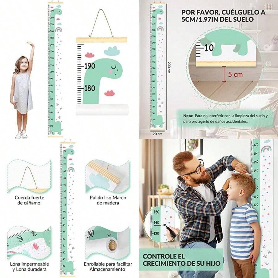 HomeChi Tabla de Crecimiento para Niños, Regla de Gráfico de Altura de Colgante y Extraíble para Medición de Estatura con Dibujo de para Bebés Niños, para Decoración de Pared de Habitación y Guardería(Dinosaurio) - Multicolor - Ver 1