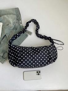 1pc Nylon Fabric Multi-Pocket Dumpling Bag, Korean Style Polka Dot Shoulder Bag, Women's Casual Pleated Drawstring Crossbody Bag, Soft & Slouchy Versatile Japanese Hobo Bag - Black - View 7