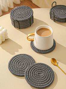 8 件套杯垫套装，带收纳架，简约编织桌面杯垫，耐热厨房餐桌杯垫，加厚隔热垫，4 色吸水杯垫套装，家居装饰桌面保护垫，适用于各种杯子，4.3 英寸 - 黑色 - 查看 3