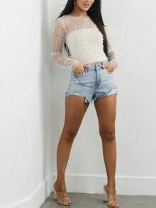 Women's Elegant Sheer Mesh Fabric Crop Top With Faux Pearl Detail And Long Sleeves For Going Out - trắng - Xem 6