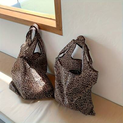 Fashionable Leopard Print Foldable Shopping Tote Bag - Lightweight Leak-Proof Nylon Shopping Bag With Sturdy Handles, Durable And Easy To Clean, Cute Cartoon Print, Unisex, Reusable For Daily Use, Outdoor, Camping And Other Occasions ,Travel Essential Bag