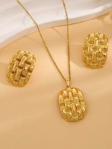 3 pièces Ensemble de bijoux en acier inoxydable plaqué or 18 carats, hypoallergénique, avec un design texturé tressé, comprenant des boucles d'oreilles et un collier - le choix parfait pour les femmes élégantes et charmantes, Hotoo Jewelry, Saint-Valentin, forme de cœur