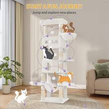 HEXCELEN Cat Tree, 67" Large Tall Cat Tower For Indoor Cats, Multi-Level Cats House With Condo, 8 Scratching Posts, Hammock, 4 Pom Poms, Light Grey/Dark Grey - 白色 - 查看 2