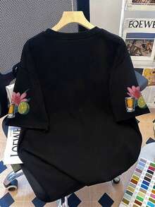 Plus Size Women's Round Neck Letter & Floral Print Casual Versatile Commuting Short Sleeve T-Shirt, Suitable For Summer Vacation Black - Black - View 2