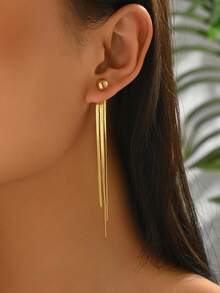 1 Pair Gold Tassel Earrings With Snake Chain & Beads, Elegant & Luxurious Long Earrings - Yellow Gold - View 2