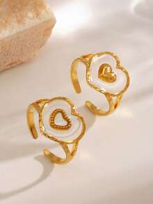 1 pièce Bague minimaliste en acier inoxydable plaqué or 18 carats à double couche en forme de cœur, convient pour le port quotidien des femmes, les rendez-vous, cadeau de la Saint-Valentin - Multicolore - Voir 1