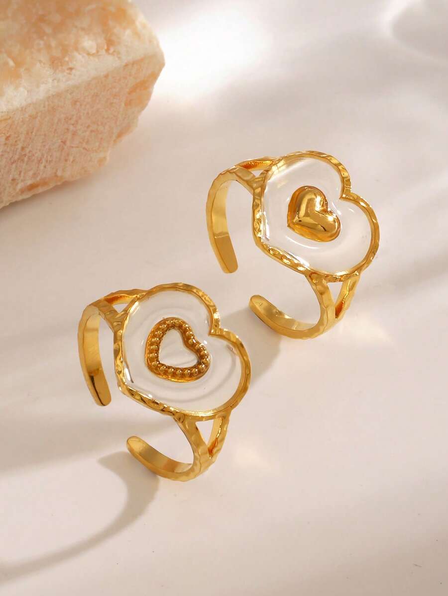 1 pièce Bague minimaliste en acier inoxydable plaqué or 18 carats à double couche en forme de cœur, convient pour le port quotidien des femmes, les rendez-vous, cadeau de la Saint-Valentin - Multicolore - Voir 1