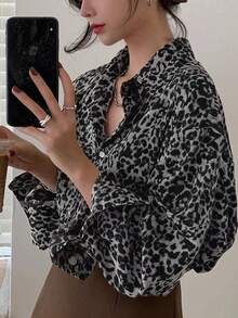 EARO 时尚女士夏季豹纹衬衫，长袖翻领纽扣宽松垂坠衬衫，适合通勤、约会和休闲穿着 - 深灰色 - 查看 3