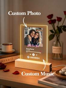 1pc Custom Music LED Night Light, Custom LED Music Plaque, Personalized Led Lamp With Picture And Wooden Base, Personalized Song Acrylic Plaque, Custom Picture Song Lamp, Music Photo Plaque Gift, Light Up Music Plaque, Valentines Gift, Couple Gift, First Wedding Anniversary Gift - Couple MESSAGE - Base B (Warm Light) - View 3