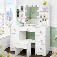 Large Dressing Table Stool Set With LED Lights Mirror, White Vanity Make Up Desk - White - View 5