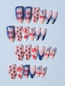24片杏仁形可爱蝴蝶结、草莓、唇印、樱桃美甲贴纸，法式美甲贴纸，亚克力材质，完美贴合。套装包含：1瓶果冻胶和1把指甲锉。情人节美甲，让您的指尖闪耀动人，适合女性日常工作和派对。美甲用品 - 彩色 - 查看 5