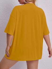 Oversized Printed Aloha Flower T-Shirt, Summer/Spring Short Sleeve Blouse, Lightweight Gym Wear - Mustard Yellow - View 2