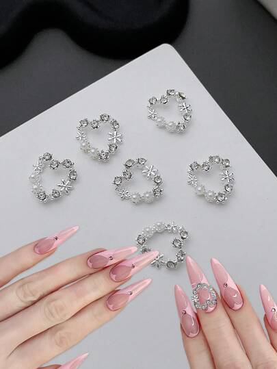 10pcs Nail Charms, Nail Tips, Nail Supplies, Heart Wreath With Rhinestones, Simulated Pearls, Gold And Silver Nail Charms, Luxury Metal Nail Supplies For Valentine's Day, Shiny White, Pink, Rhinestones, Nail Gems, Suitable For Multi-Functional DIY Accessories, Nail Decoration