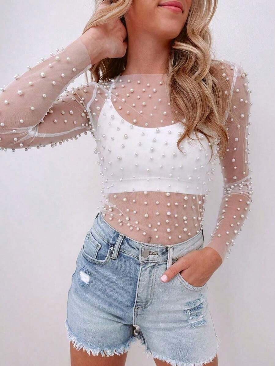Women's Elegant Sheer Mesh Fabric Crop Top With Faux Pearl Detail And Long Sleeves For Going Out - trắng - Xem 1