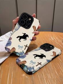 1pc Minimalist Cross & Horse Silhouette Striped Faux Leather Soft Protective Phone Case, Compatible With Apple And Phones ( 17/17 Air/17 Pro/17 Pro Max) - Multicolor - View 2