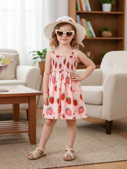 2pcs/Set Baby Girl Fruit Print Cami Dress With Waist Tie And Hat, Summer Vacation Outfit