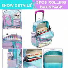 3件套女童拉杆背包，多口袋美人鱼/猫咪图案，适合小学生，带铅笔盒和铅笔盒 - 女童分離式拉桿包 - 查看 10