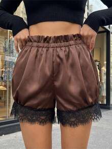 Women Shorts, Elastic Waist Lace Trim Summer Casual Shorts Streetwear For Casual Daily - màu nâu - Xem 5