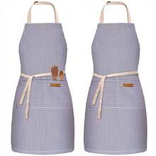 2 Pack Adjustable Bib Apron With 2 Pockets Chef CooFKing Kitchen Restaurant Aprons For Women Men,BluePinstripes - 藍色細條紋 - 查看 1