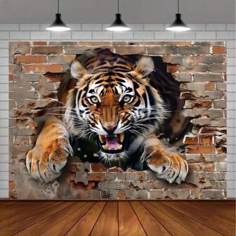 1 pieza Decoración de pared realista de un tigre irrumpiendo a través de la pared - Tapiz de poliéster vívido, adecuado para sala de estar, dormitorio, dormitorio | Incluye kit de instalación gratuito | Excelente para fondo de fiesta y decoración del hogar