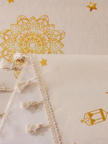 1 chiếc khăn trải bàn màu be với họa tiết ngôi sao vàng, mặt trăng và đèn lồng kiểu Bohemian, hình chữ nhật, họa tiết tre 3D, trang trí tua rua màu be, có thể giặt, thích hợp cho các buổi họp mặt, bữa tối, lễ hội kiểu Ả Rập, quà tặng. - Màu be - Xem 2