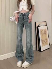 High Waist Washed Blue Flare Jeans For Women, Slim Fit, Spring & Autumn - Light Wash - View 2