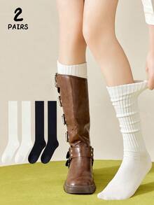 2 Pairs Women's Black & White Simple Slimming Calf Socks, Warm Long Socks Suitable For Daily Wear With Leather Shoes, Autumn/Winter - 常規款 - 查看 6