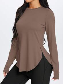 1pc Women's Outdoor Training, Running, Hiking, Walking Minimalist Side Slit Long Sleeve Fitness Yoga Top, All Season