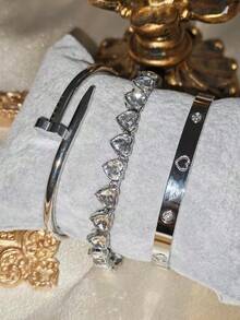 3 pièces/set Bracelet à ongles en acier inoxydable plaqué or 18 carats avec cœur en coquillage, ensemble de bijoux mode, convient pour le port quotidien des femmes et les cadeaux - Coeur d'amour rouge - Voir 22