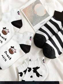 5 Pairs/10 Pairs (Random Style) Spring/Summer Black & White Cartoon Cow Ear Cut Ankle Socks, Cute Japanese Style Short Women Socks - Multicolor - View 5