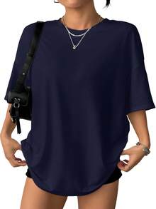 Solid Color T-Shirts, Casual Women's Shirts, Black, White, Red, Apricot Women's Tops, Tops, Casual Women's Shirts, Women's T-Shirts, Maximum Amount,Tops - 藏蓝色 - 查看 1