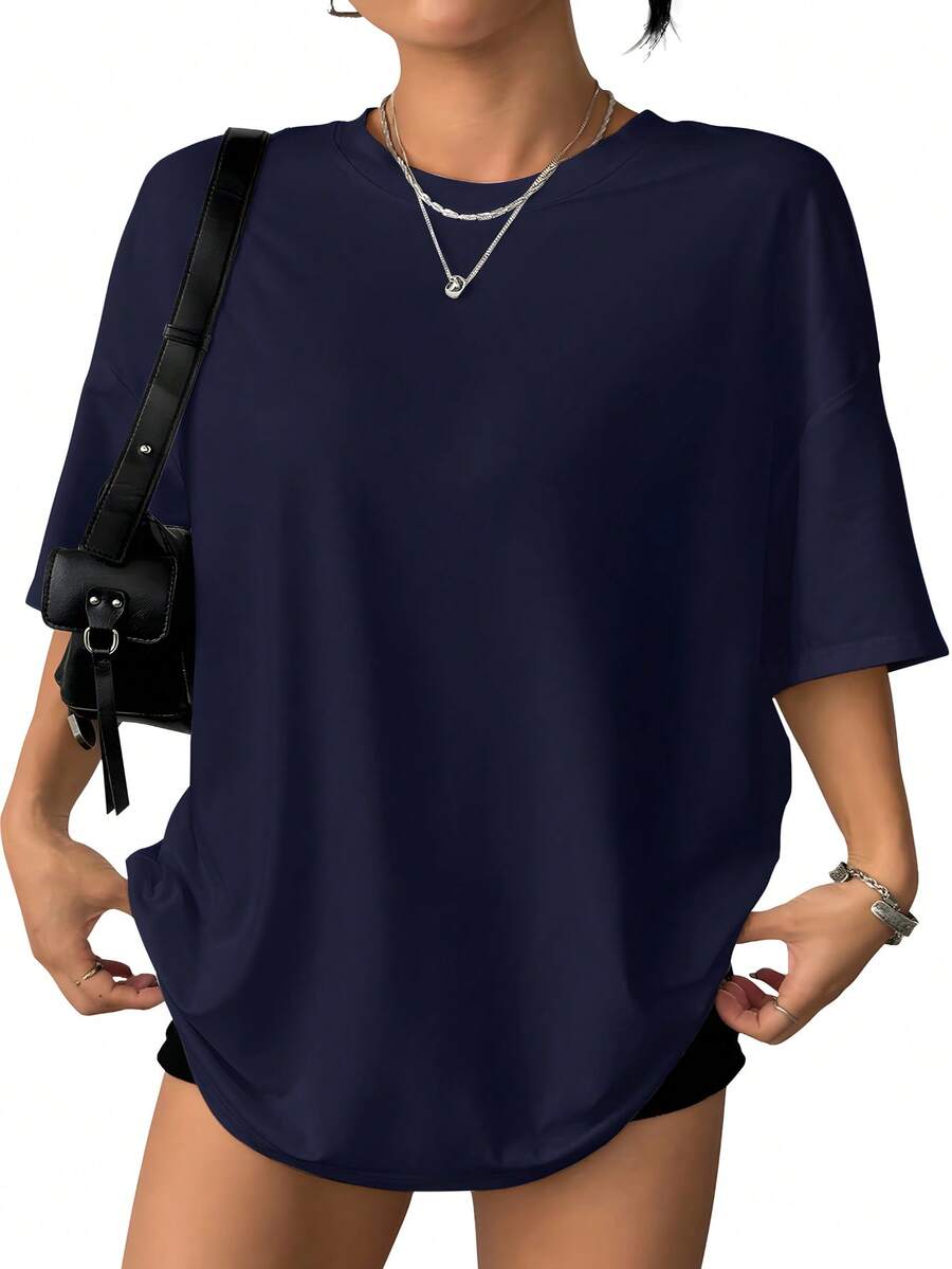 Solid Color T-Shirts, Casual Women's Shirts, Black, White, Red, Apricot Women's Tops, Tops, Casual Women's Shirts, Women's T-Shirts, Maximum Amount,Tops - 藏蓝色 - 查看 1