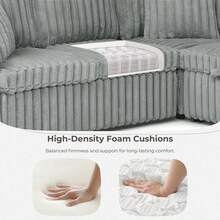 YOGLAD Corduroy Striped Upholstered U-Shaped Sectional Sofa Couch, Modern Minimalist Pull-Out Sleeper Sofa Bed With Storage Chaise, Deep Seat Soft Cushion Couch For Living Room, Apartment - 灰色 - 查看 6