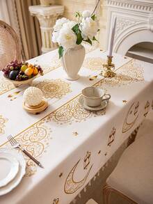 1pc Bohemian Beige Rectangular Tablecloth With Gold Moon, Geometric Patterns, Stars & Lantern Prints, Beige Tassel Decor, Washable, For Dining Table, Coffee Table, Round Table, Home Decor, Suitable For Family Kitchen, Dining Room, Party, Dinner, Arabic Style Holiday Decoration, Gift - Beige - View 5
