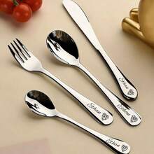 Valentine's Day Personalized Stainless Steel Cutlery 4-Piece Set - Custom Name Engraved Silverware With Cute Bear Design, Romantic Love Gift For Couples, Ideal For Daily Use - Multicolor - Valentine's Day - View 2