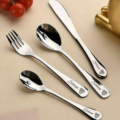 Valentine's Day Personalized Stainless Steel Cutlery 4-Piece Set - Custom Name Engraved Silverware With Cute Bear Design, Romantic Love Gift For Couples, Ideal For Daily Use